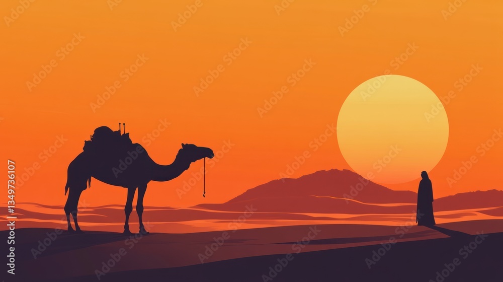 Desert sunset camel silhouette, traveler