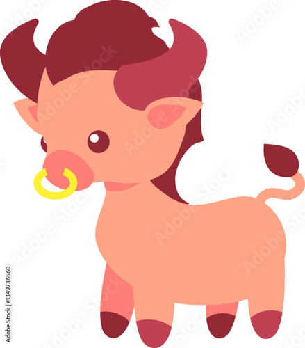 Adorable cartoon bull with a pacifier in its mouth.