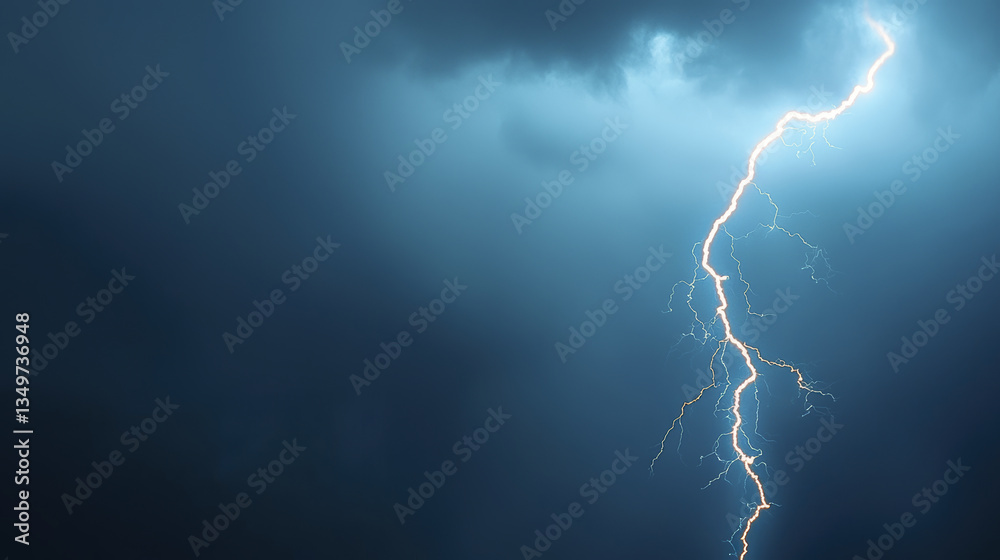 Naklejka premium Dramatic lightning strikes illuminate dark stormy sky, creating powerful atmosphere