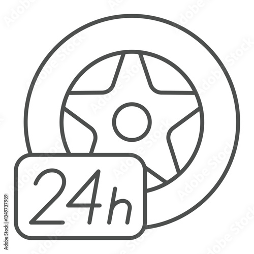 Wheel tire with 24 hour support thin line icon, car service concept. Vector graphics. Changing car tires, repair sign on white background, outline style icon for mobile or web design.