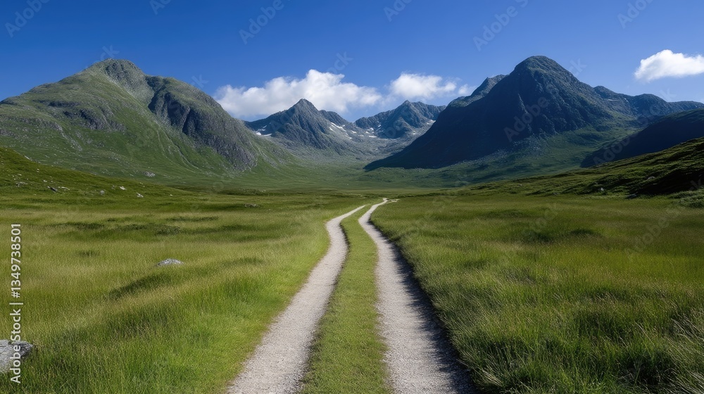 Scenic mountain path through lush valley Scenic mountain path through lush valley