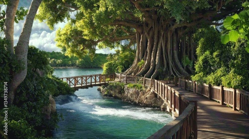 Tropical boardwalk over flowing water, lush trees, tranquil scenery