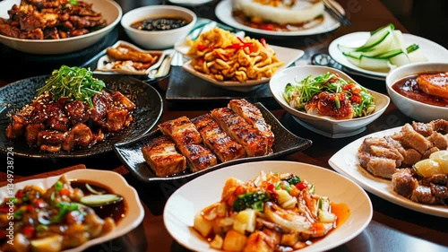 Overhead view of multiple Asian dishes including noodles, chicken, rice, and sauces served in restaurant-style bowls.
