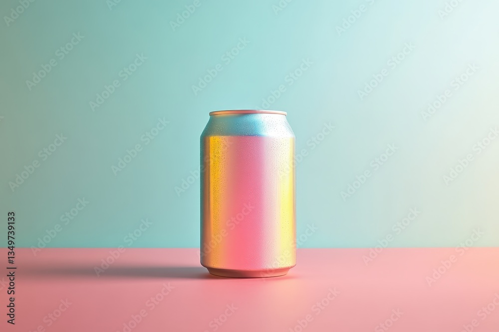 A single iridescent drink can presented against a colorful background A single iridescent drink can presented against a colorful background