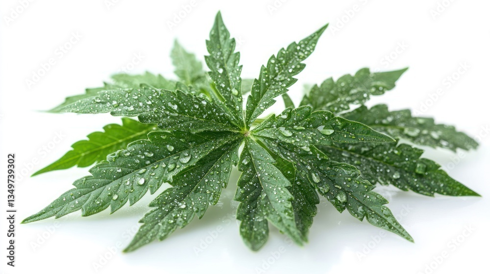Cannabis Sativa Leaf with Dew Drops: A Close-Up Study of Medicinal Plant Cannabis Sativa Leaf with Dew Drops: A Close-Up Study of Medicinal Plant