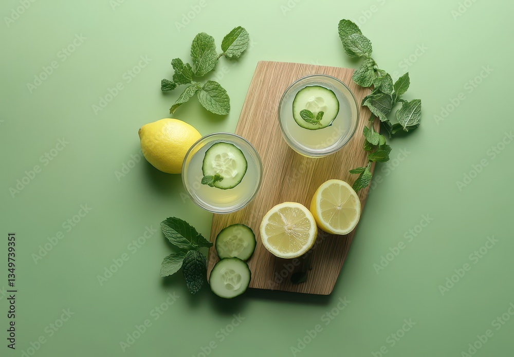 Refreshing Lemon and Cucumber Drink with Fresh Mint on Cutting Board Against Green Background Refreshing Lemon and Cucumber Drink with Fresh Mint on Cutting Board Against Green Background