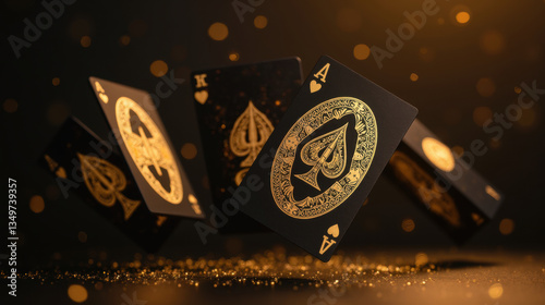 Golden playing cards floating in dark background with sparkles