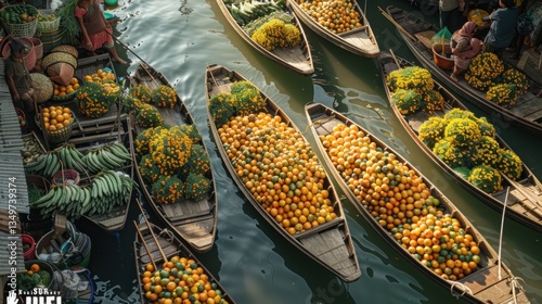 Floating market, boats loaded with produce, vibrant colors, bustling activity