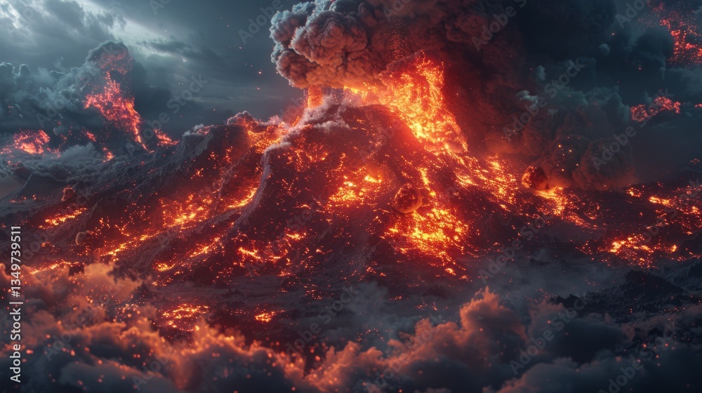 Volcano eruption releasing lava and ash cloud in dramatic geothermal display Volcano eruption releasing lava and ash cloud in dramatic geothermal display