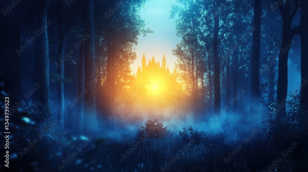 Fototapeta premium Enchanting sunrise in mystical forest with silhouette of distant castle. Halloween, All Hallows Eve, Samhain - Spooky Holiday Season, Fall Festival Celebration