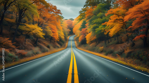 A road through a golden autumn landscape orange yellow foliage.