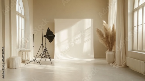 Beige studio interior with photography equipment