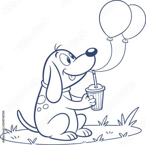 Happy Cartoon Dog with Balloons and Drink
