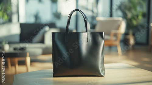 Black Leather Tote Bag on Wooden Table in Modern Room
