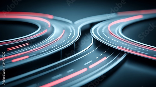 An elevated highway intersection with bright red light trails is featured
