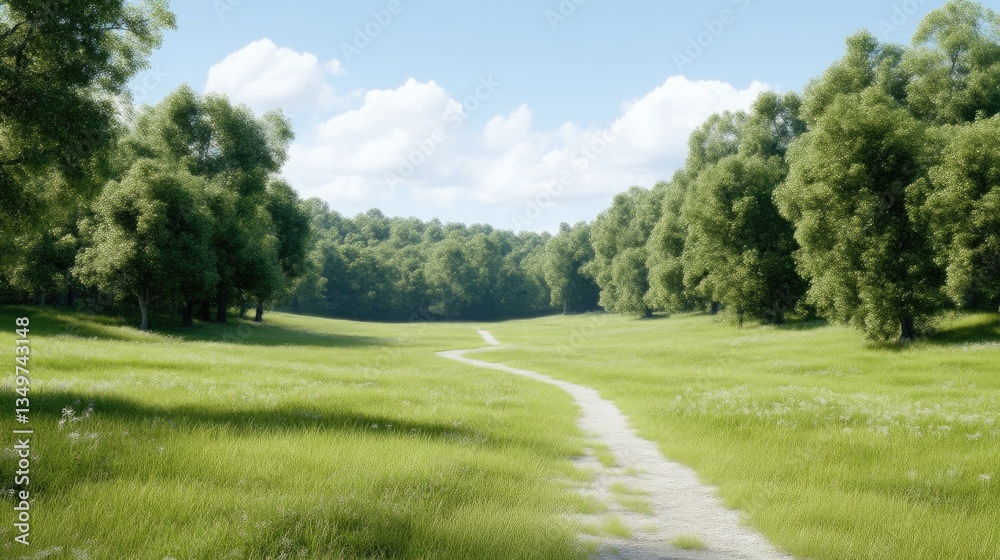 Lush green meadow path through a sunlit forest Lush green meadow path through a sunlit forest