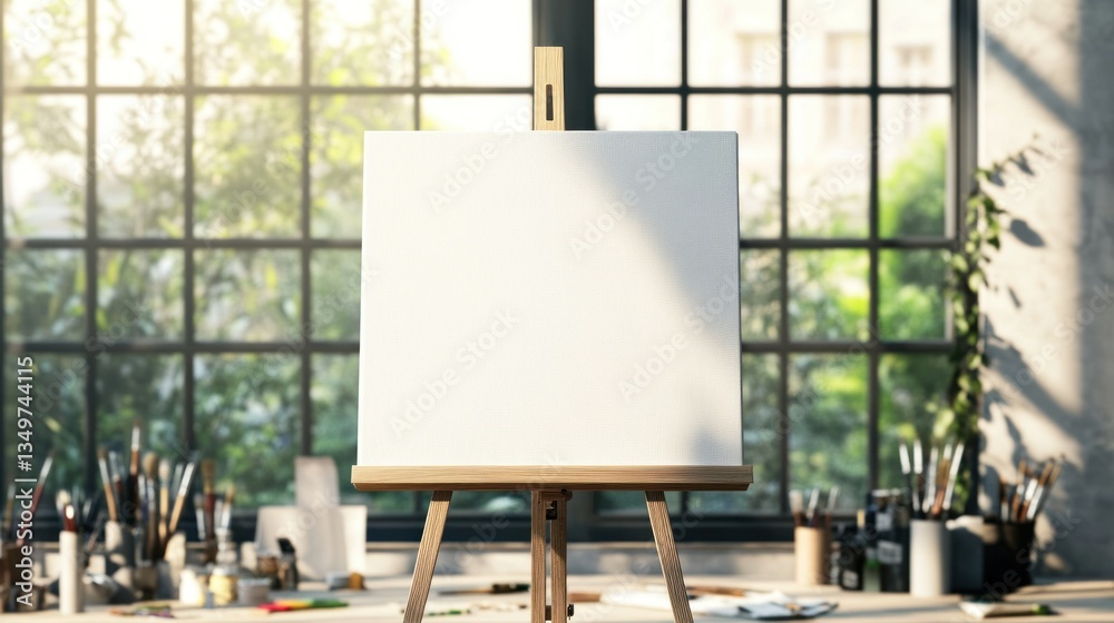 Blank canvas on easel in artist studio Blank canvas on easel in artist studio