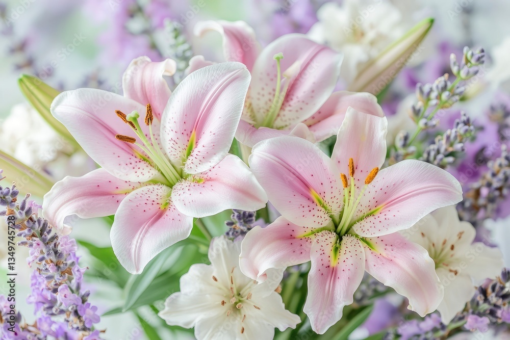Beautiful bouquet of pink lilies and lavender flowers arranged elegantly in a bright setting Beautiful bouquet of pink lilies and lavender flowers arranged elegantly in a bright setting