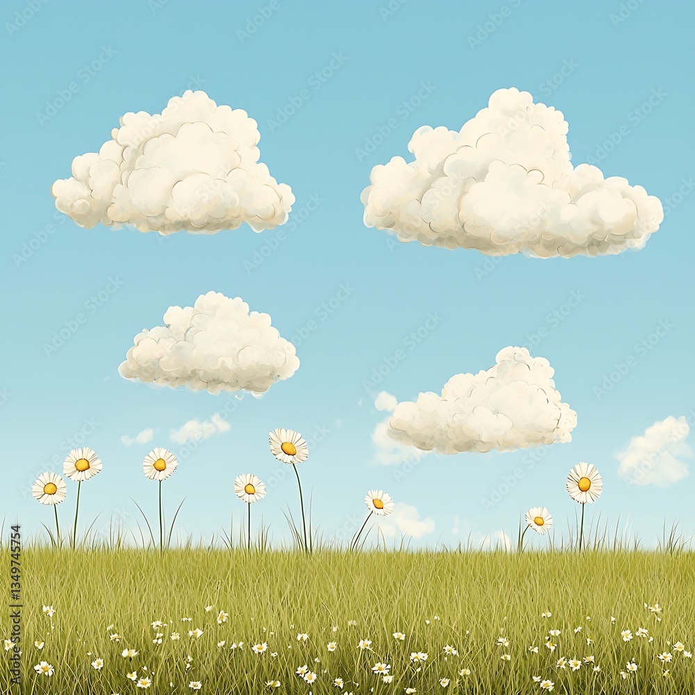 Daisies with Clouds, and Grassy Field. Daisies with Clouds, and Grassy Field.