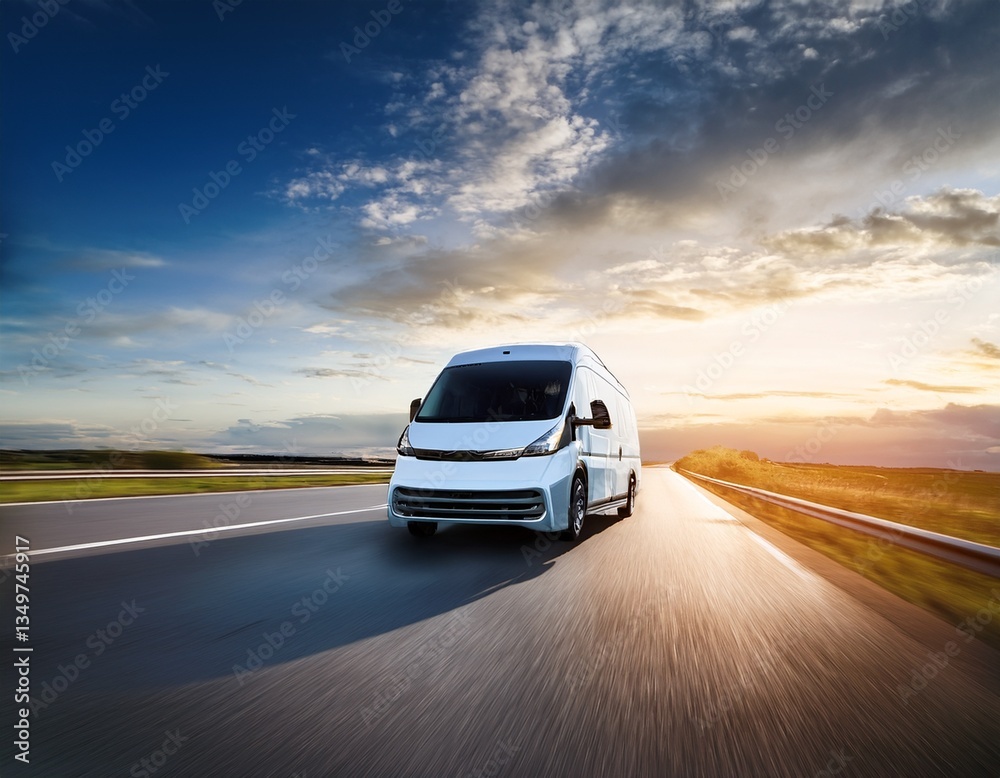 Fototapeta premium futuristic white van speeding on empty road against a dramatic sky