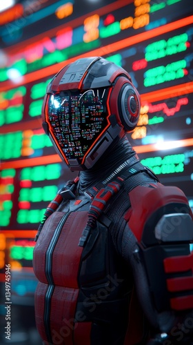 Futuristic Red Cyborg in Helmet Analyzing Data Neon Tech Lab Digital Artwork Cybernetic Environment Close-up View Sci-Fi Concept photo