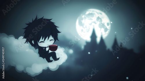 chibi vampire enjoys warm drink while sitting on cloud under full moon, creating whimsical and serene atmosphere photo