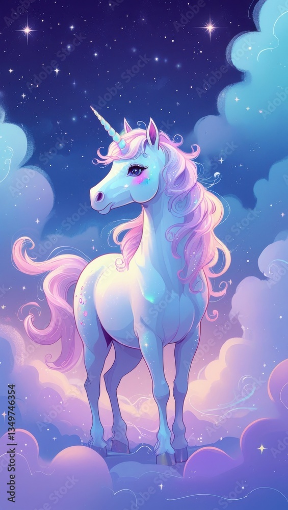 Fototapeta premium Ethereal Unicorn in a Dreamlike Rainbow Cloudscape Surrounded by a Starry Night Sky