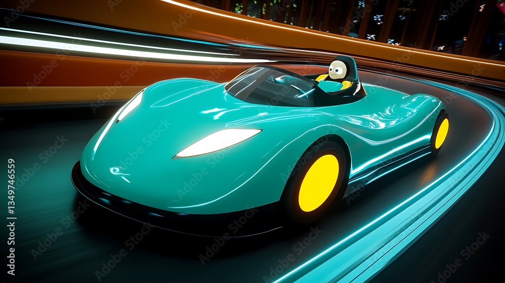 Obraz premium A cartoon character is driving a blue sports car on a track