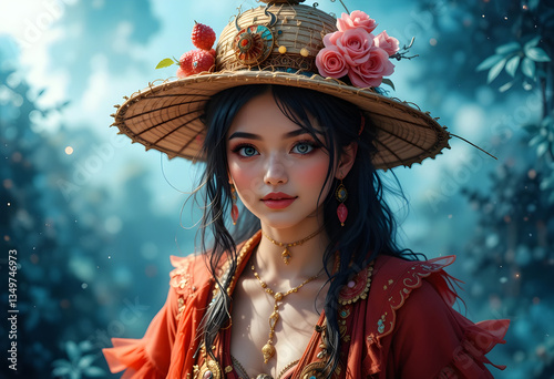 Portrait of an enchanting Asian woman in fantasy attire, with a detailed hat adorned with flowers and jewelry, in a mystical setting