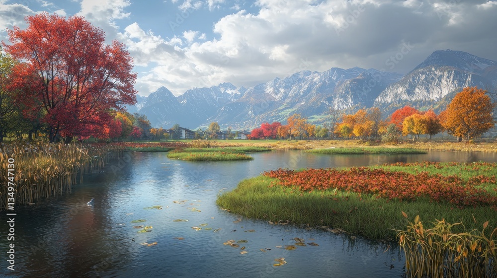 Autumnal lake scene with colorful trees reflecting in placid water, mountains in background. Possible use nature, travel brochure, calendar Autumnal lake scene with colorful trees reflecting in placid water, mountains in background. Possible use nature, travel brochure, calendar