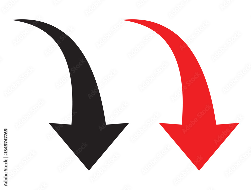 A simple, red, curved arrow pointing to the right and down on a white background. Direction symbol. Arrow symbol for app, UI, web. Vector illustration eps file A simple, red, curved arrow pointing to the right and down on a white background. Direction symbol. Arrow symbol for app, UI, web. Vector illustration eps file