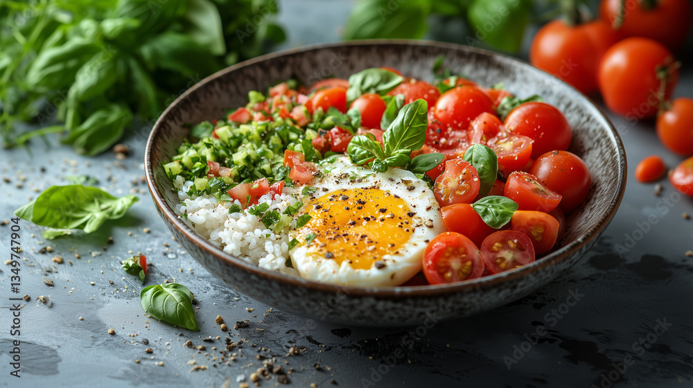 Sunny Side Up Egg with Rice and Tomatoes Basil Garnish in Rustic Bowl on Dark Tabletop Overhead Lighting Minimalist Food Photography Sunny Side Up Egg with Rice and Tomatoes Basil Garnish in Rustic Bowl on Dark Tabletop Overhead Lighting Minimalist Food Photography