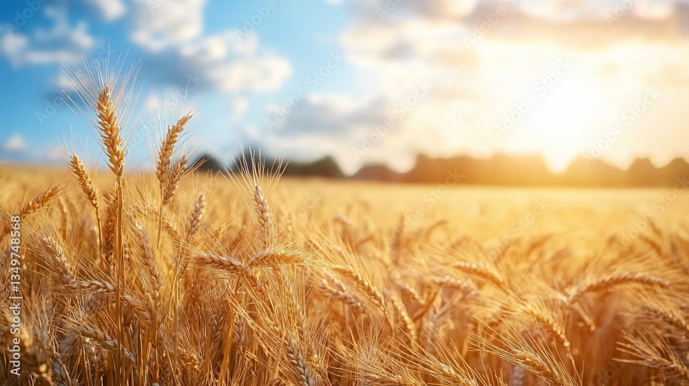 Naklejka premium Golden wheat field basking under a bright sky with trees in the distance
