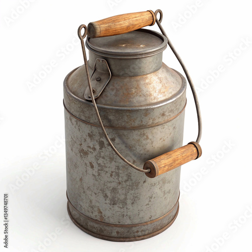 Rusty Metal Milk Can with Wooden Handles, Vintage Dairy Container, Rustic Farm Decor, Isolated on White Background photo