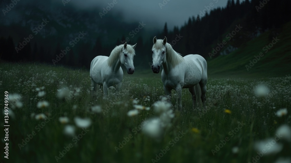 Fototapeta premium Two majestic white horses in a misty meadow at night