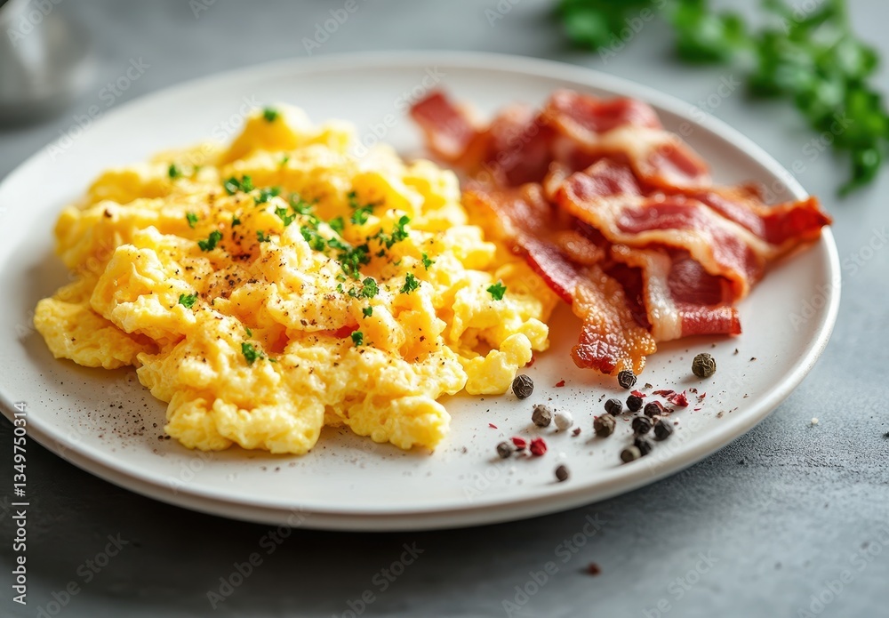 Scrambled Eggs with Crispy Bacon Served on White Plate Surrounded by Fresh Herbs and Spices, Perfect for Breakfast or Brunch Enthusiasts Scrambled Eggs with Crispy Bacon Served on White Plate Surrounded by Fresh Herbs and Spices, Perfect for Breakfast or Brunch Enthusiasts