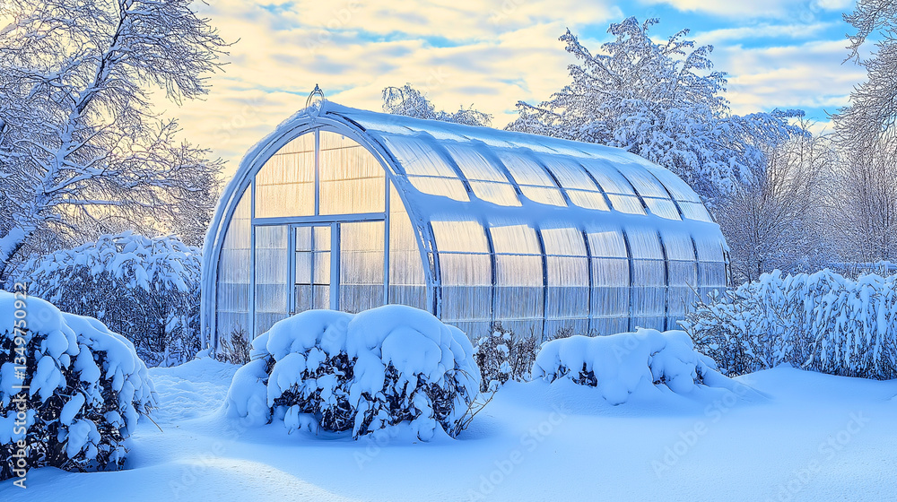 A polyurethane sheet greenhouse covered in snow, showcasing its thermal insulation properties A polyurethane sheet greenhouse covered in snow, showcasing its thermal insulation properties