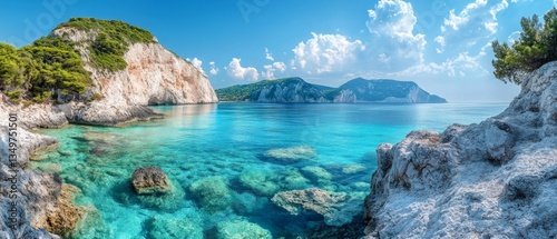 A rocky shore with clear turquoise water and picturesque cliffs, perfect for creating an atmosphere of adventure and exploration. Suitable for travel guides, advertising of outdoor activities,