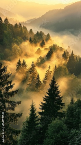 Morning fog in the forest with soft light coming through the trees creates a calm and peaceful atmosphere, will be useful in meditation apps, desktop wallpaper or nature blogs.