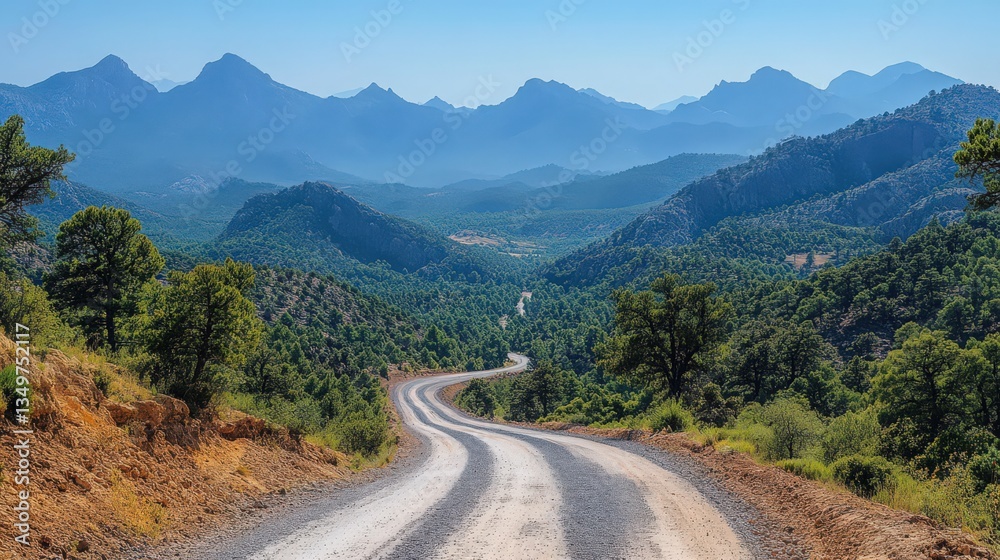 Fototapeta premium Winding mountain road cutting through a valley forest landscape scene