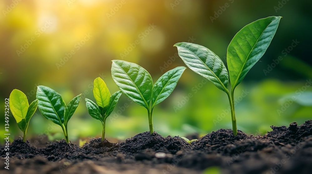 Green saplings in soil, illuminated by sunlight. Green saplings in soil, illuminated by sunlight.
