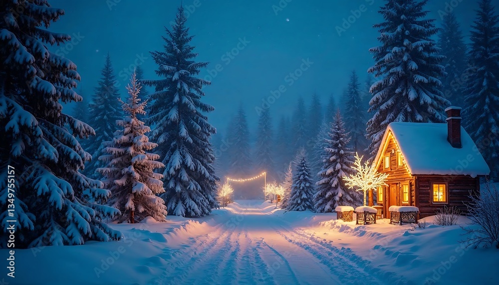 Fototapeta premium Snowy Cabin Winter Wonderland Night Scene with Lights