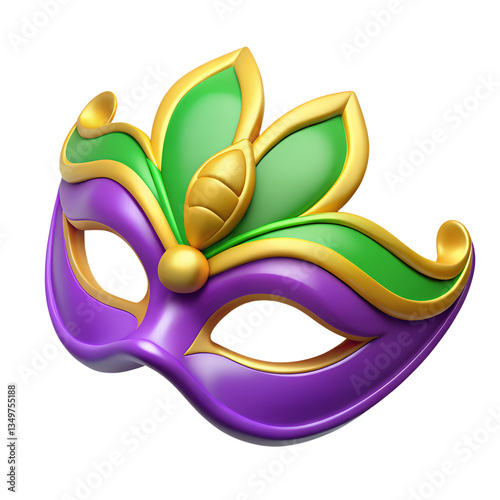 purple and green mardi gras mask 3d isolated on white background PNG.