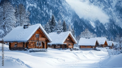 Snow-covered wooden cabins nestled in a cozy winter village surrounded by majestic mountains during the serene morning hours