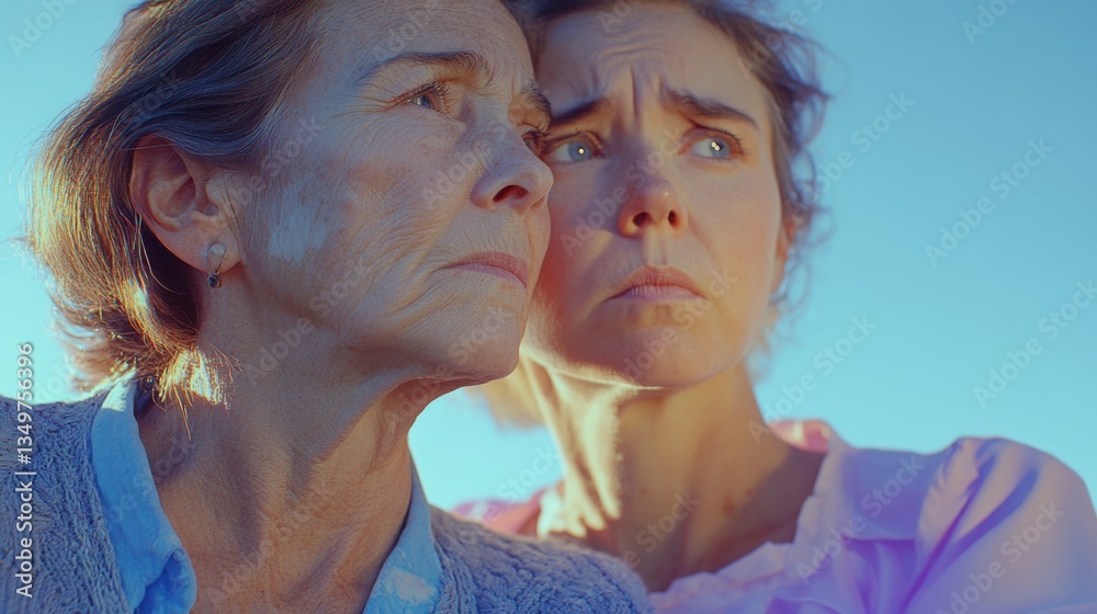 Obraz premium Two Women in Thoughtful Reflection with Concerns Against a Bright Outdoor Background