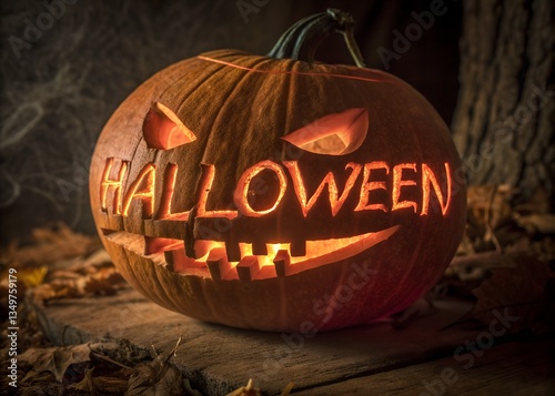 Halloween horror light eyes pumpkins. Jack O' Lanterns Glowing In Fantasy Night. Spooky Halloween pumpkins.