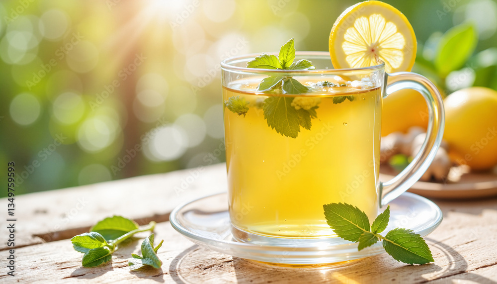 Cup of herbal tea with lemon and mint on wooden table Cup of herbal tea with lemon and mint on wooden table