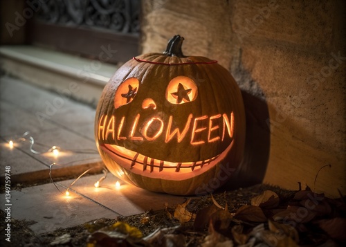Scary pumpkin with burning eyes and smiles in the nigh.  Spooky Halloween pumpkin background.  Jack O' Lantern pumpkins 