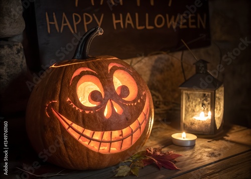 Halloween pumpkin head. Cold back light, scary smiling, warm light inside head. Real Jack O Lantern for Halloween.