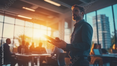 A Business Leader Presents During Sunset Meeting In A Modern Office. The Image Represents Business Success, Teamwork, And Leadership. He Stands Out Against A Silhouetted Team, Backlit By Warm Golden